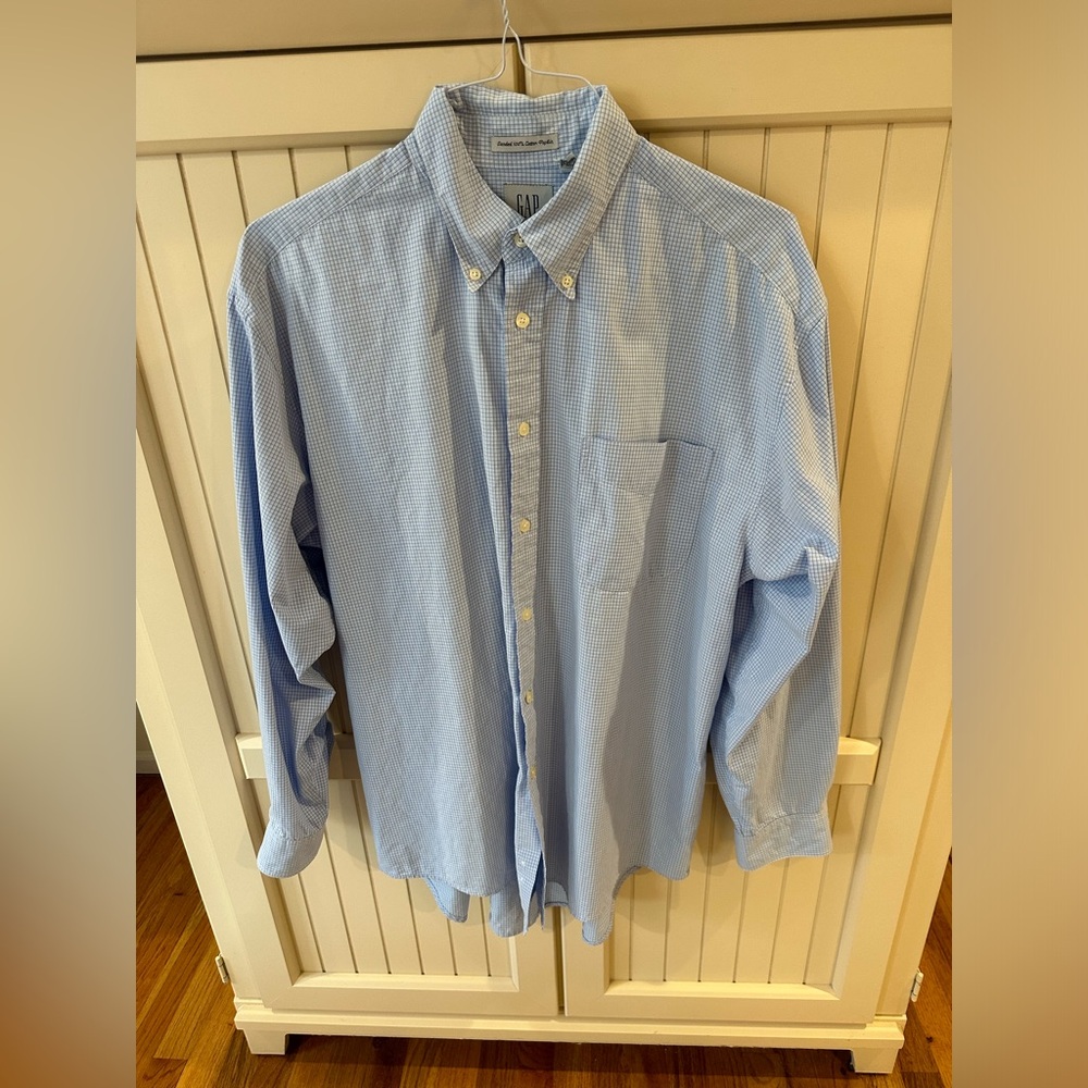 Gap men’s button down front light blue plaid shirt size large neck 16 1/2 inch